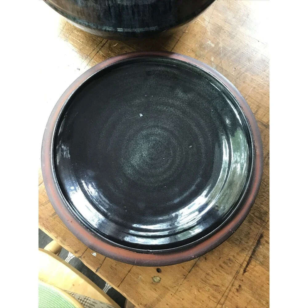 Large Pottery Stoneware Blue Glaze Unsigned With Lid & Handles Cottagecore